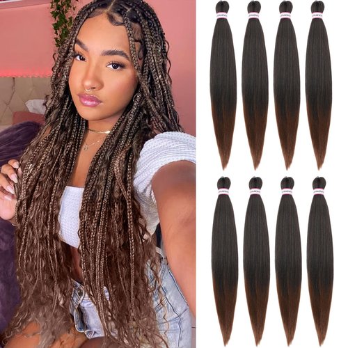Braiding Hair Pre Stretched 26 Inch 8 Packs Brown Ombre Braiding Hair For Women Knotless Box Braids Hair Extension Yaki Texture Hot Water Setting Variety Styles Braiding Hair