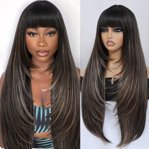 meiliprotea Highlight Brown Long Straight Layered Wig with Bangs Mixed Brown Wear and Go Glueless Wig 30 Inch Long Straight Synthetic Wig for Women Daily Use