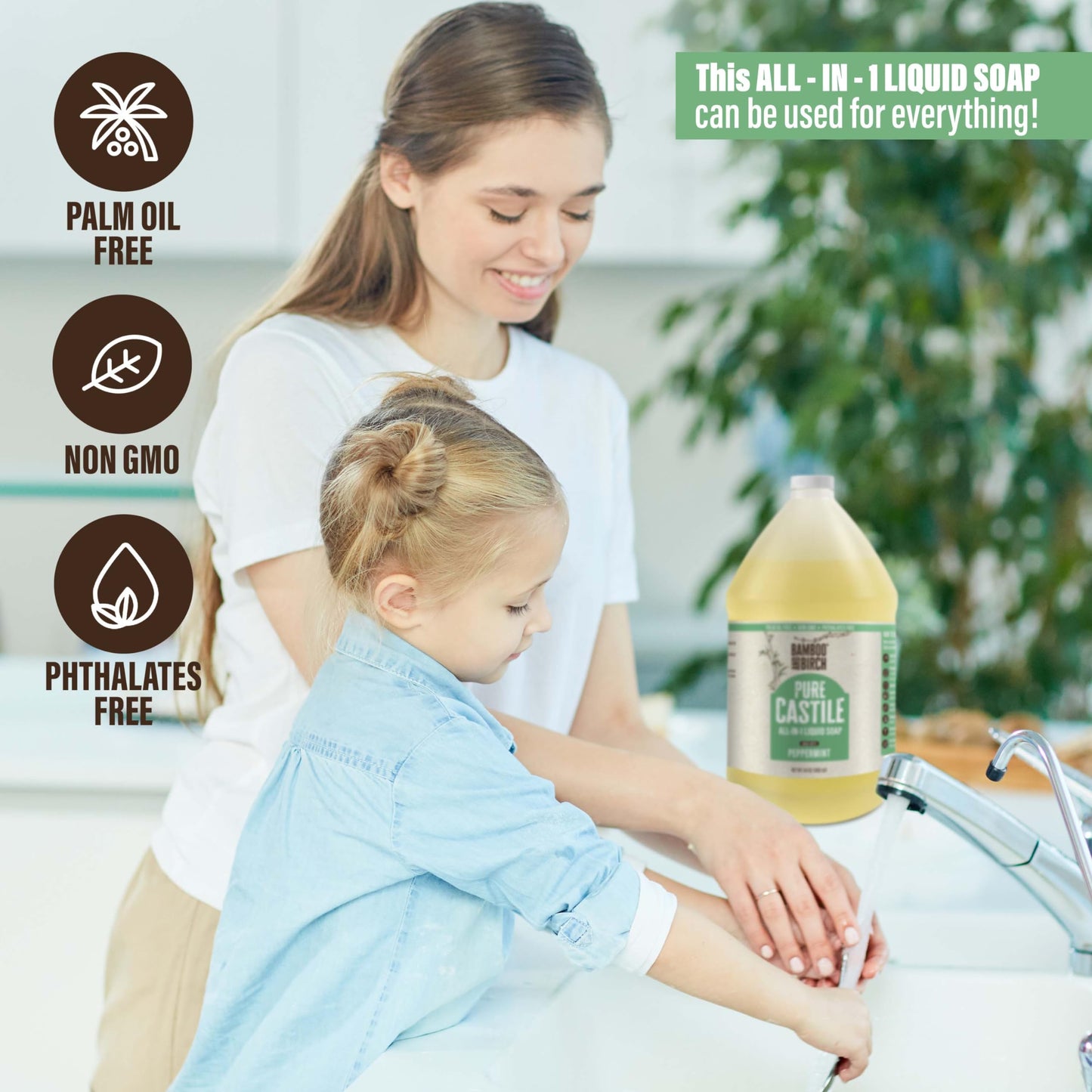 BAMBOO AND BIRCH Pure Castile Soap Liquid, Peppermint, 64 oz