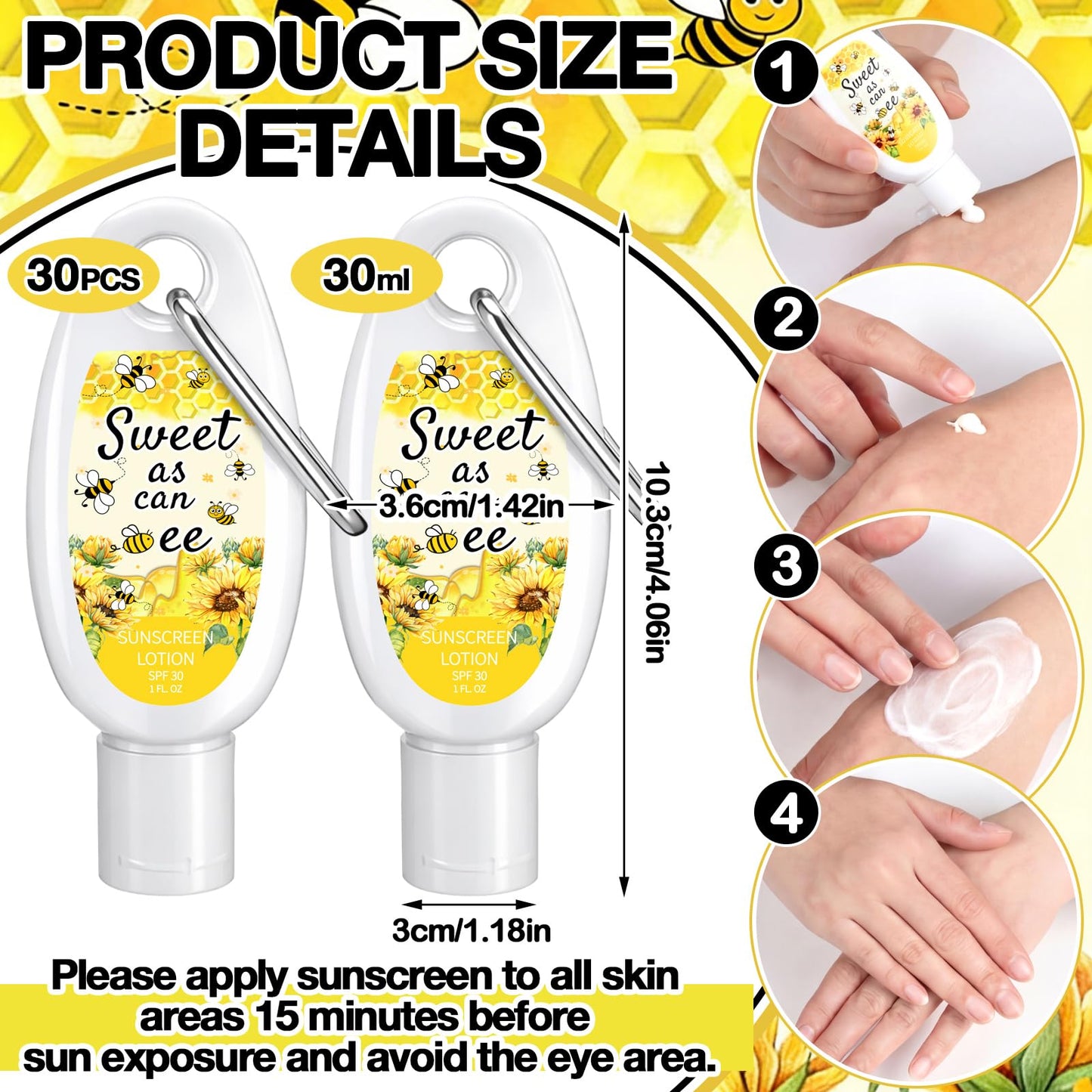 Leelosp 30 Pcs Sweet As Can Bee Baby Shower Sunscreen Favors Spf 30 with Carabiner, 1 Fl oz Travel Size Mini Sunscreen Bulk for Summer Outdoor Baby Shower Guests