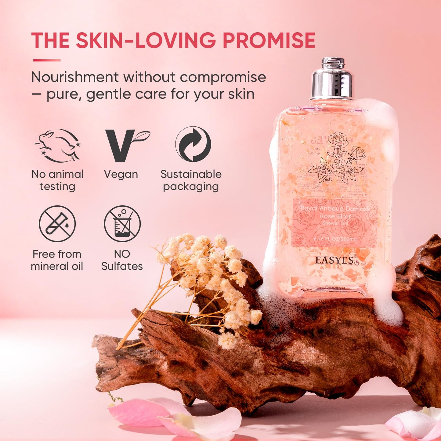 Easyes Rose Essence Body Wash for Women, Damask Rose Shower Gel with Real Rose Petals, Natural Moisturizing Hydrating Bodywash with Hyaluronic Acid, Ceramides & Coconut Oil Rich Floral Fragrance 14 oz