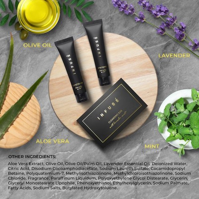 Infuse Black Hotel Soaps and Toiletries Bulk Set | 1-Shoppe All-In-Kit Amenities for Hotels & Airbnb | 1 oz Hotel Shampoo & Conditioner, 1.25 oz Cleansing Bar Travel Size | 150 Pieces
