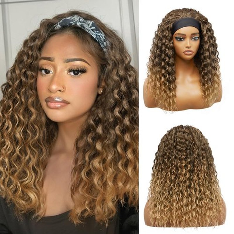 cuiud Ombre Brown Headband Wigs Water Wave 20 Inch Brown Curly Headband Wigs for Black Women Synthetic Glueless Half Wig Curly Wave Wig None Lace Front Wig （Ombre Brown）