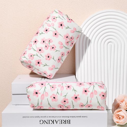 SOIDRAM Makeup Bag Corduroy Cosmetic Bag Cute Pink Floral Makeup Pouch 1Pcs Large Capacity Makeup Bags and 1Pcs Makeup Brushes Storage Bag Travel Toiletry Bag Organizer