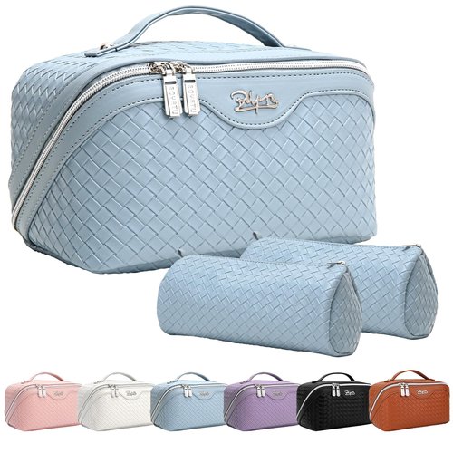 Travel Makeup Bags Cosmetic Organizer Bag: Large Capacity Make up Bag Set of 3 - Vegan Leather Toiletry Bag for Women - Portable Makeup Organizer with Compartments & Handle & Divider (02 Blue)