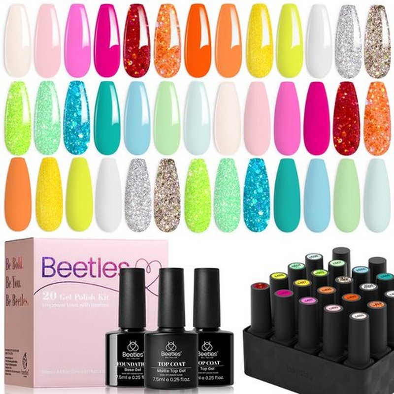Beetles Neon Gel Nail Polish Set - 23 Pcs Glitter Hot Pink Yellow Orange Blue Clear Sparkle Soak Off UV Gel with Base Glossy&Matte Top Coat Gel Nail Polish DIY Manicure Rainbow Nails Gift for Women