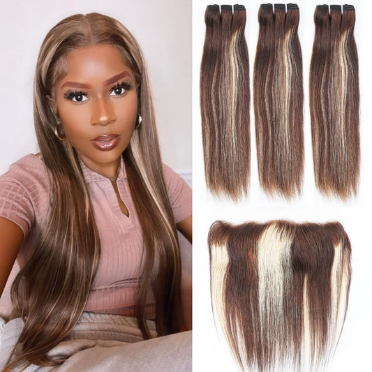4/27 Highlight Straight Bundles with 13x4 Lace Frontal Brazilian Human Hair 3 Bundles with Frontal Ombre Blonde Colored 180% Density 12 14 16+10 Unprocessed Straight Virgin Hair Closure with Bundles