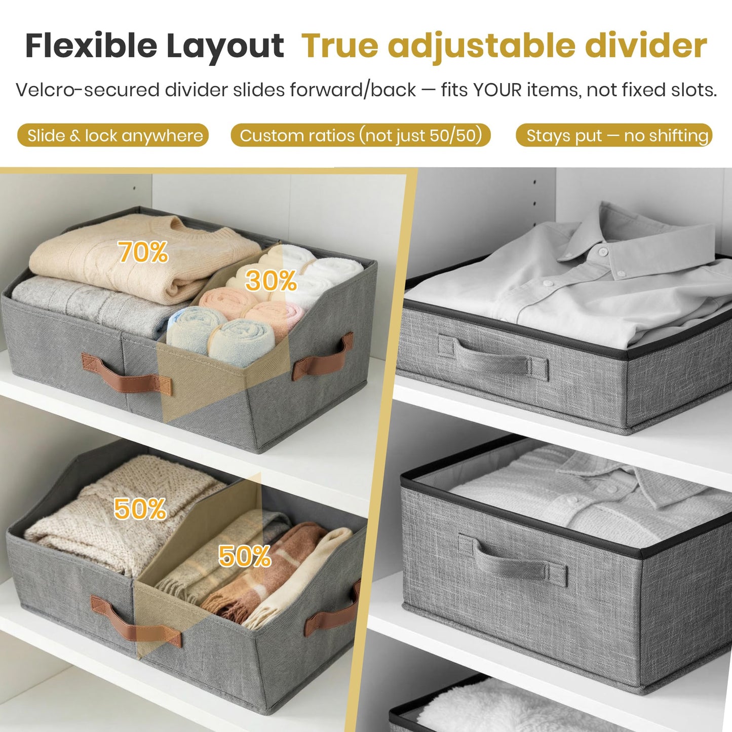 Closet Organizers And Storage - UPGRADED Trapezoid Storage Bin With Leather Handles & Adjustable Dividers, Fabric Collapsible Storage Bins For Clothes Storage & Shelf Organizer (3pcs, Small, Ivory)