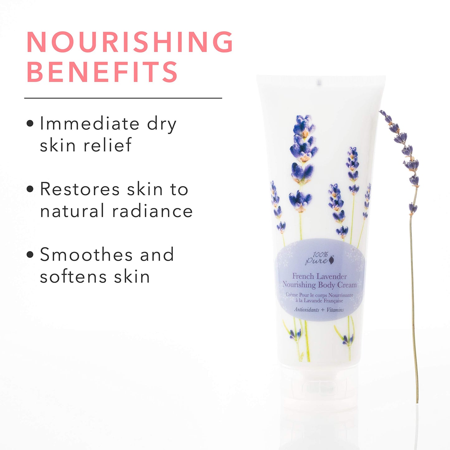 100% PURE Nourishing Body Cream French Lavender Lotion Luxurious Botanical Dry Skin Hydration & Replenishment, Natural Anti-Aging Moisturizer & Skincare for All Skin Types Women & Men - Vegan - 8 oz