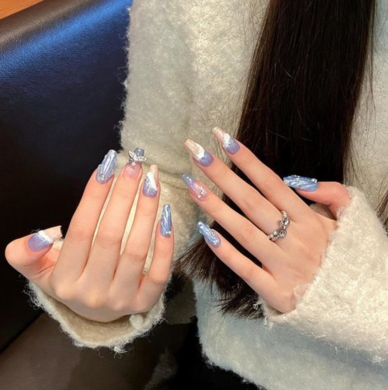 MNAFAYY 100% Handmade Nails Blue Sea Beach Medium Press On Nails 3D Gems Full Cover Luxury Gorgeous Reusable UV Finished Fake False Nails Acrylic Nail Kit With Box Gifts Women Mother's Day L