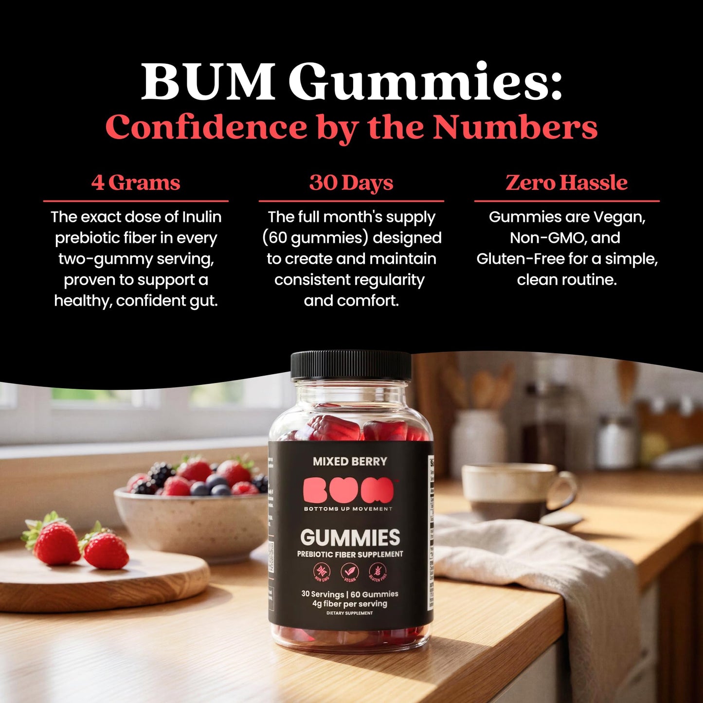 Bum Prebiotic Fiber Supplement for Men - Chicory Root Inulin Prebiotic Fiber Gummies for Men for Peachy Digestive Health, Regularity & Boating Relief - 4g Per Serving - 60 Gummies (30 Servings)