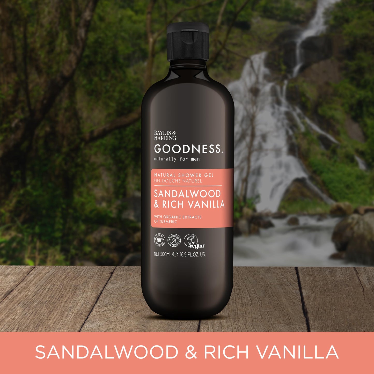 Baylis & Harding Goodness Men's Sandalwood & Vanilla Natural Body Wash, 16.9 fl. oz (Pack of 3) - Biodegradable Formula - Vegan Friendly
