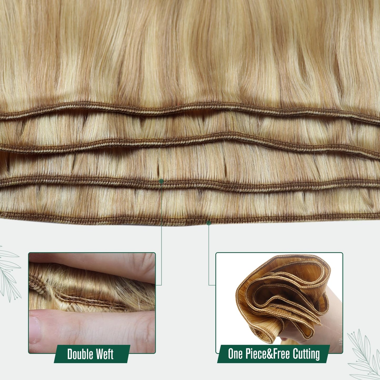 RUNATURE Blonde Weft Hair Extensions Human Hair Straight Remy Hair Weft Extensions Golden Blonde with Platinum Blonde Double Weft Sew in Human Hair Extensions Thick Full Ends 12 Inch 70g