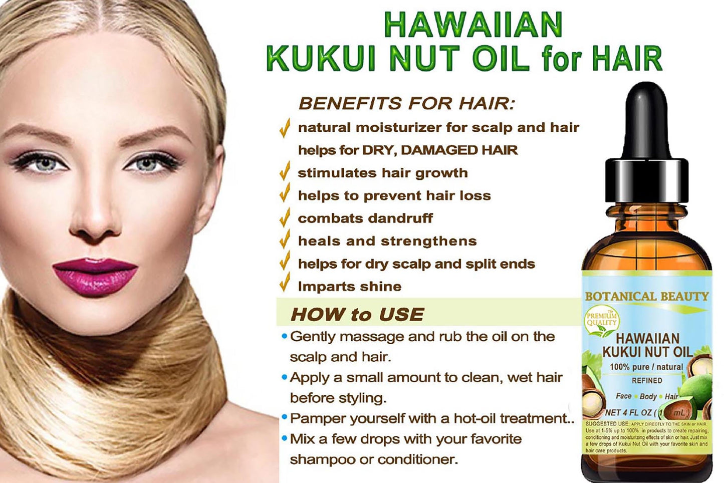 Botanical Beauty KUKUI NUT OIL 100% Pure Natural Virgin Unrefined Cold-Pressed Carrier Oil 0.5 Fl Oz 15 ml for Face, Skin, Body, Hair, Lip, Nails. Rich in Vitamin E