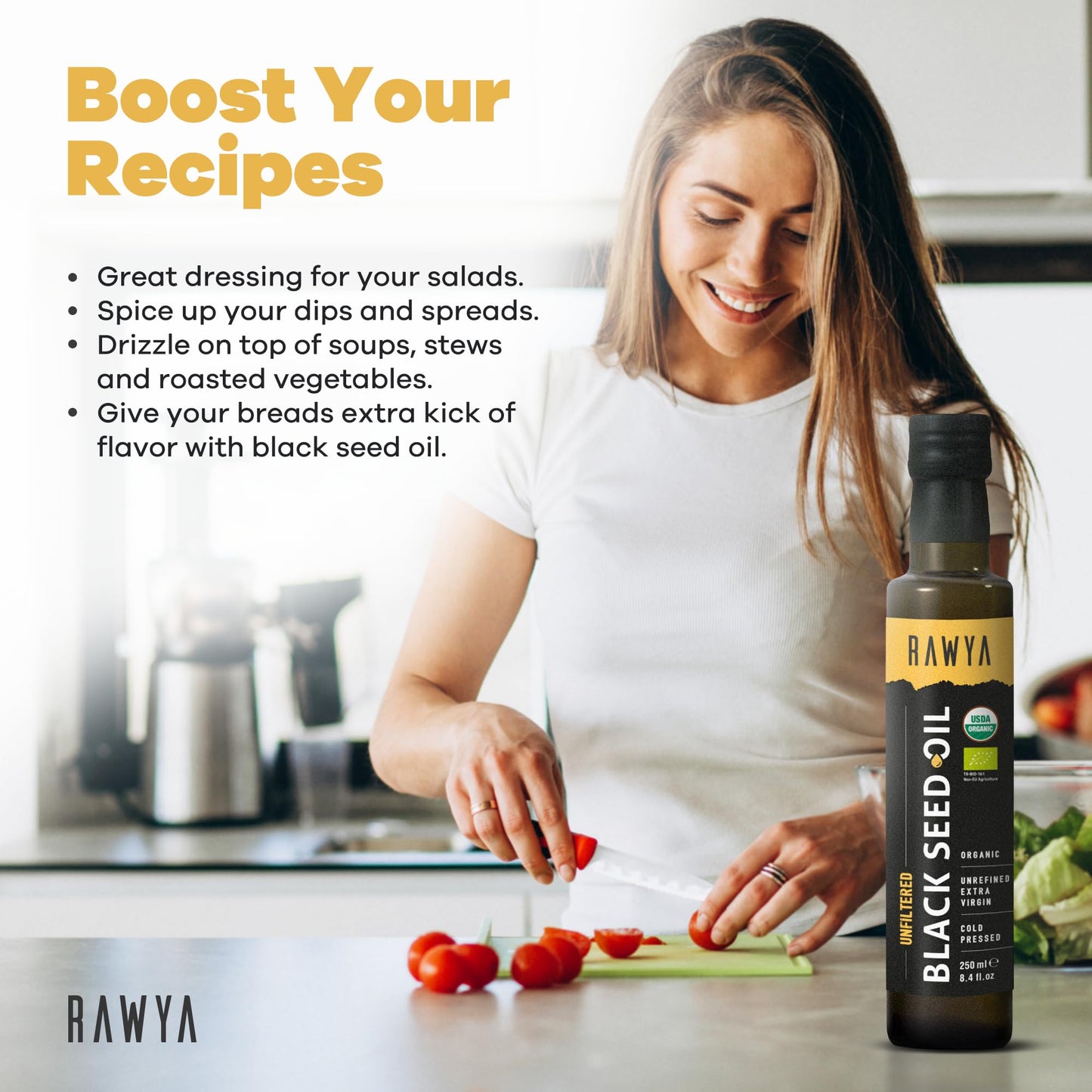 RAWYA Black Seed Oil - Organic Cold Pressed Nigella Sativa - Turkish Origin - USDA Organic - Natural Supplement - Black Cumin Seed Oil - Rich Flavor & High Concentration - 2 PACK - 250ml Glass Bottle