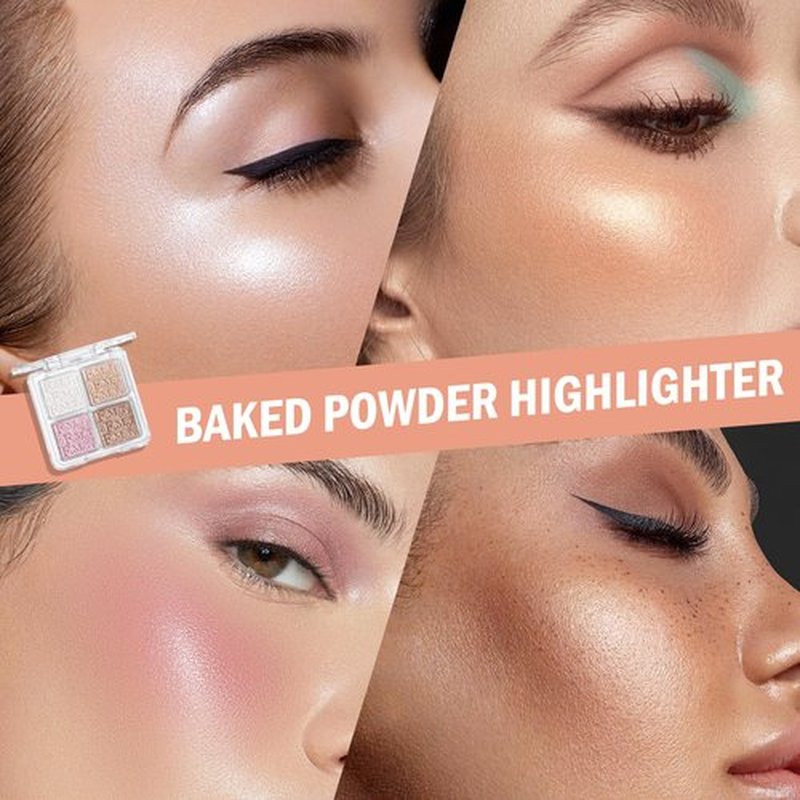 KYDA Baked Powder Highlighter, 4 Color Shimmer Glow Illuminating Powder Palette, Long lasting Face Highlighter Bronzer Makeup Palette for Girls Women-#02