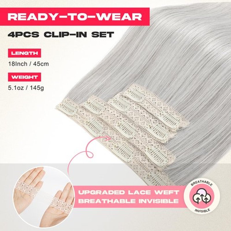 NTYNTY Hair Extensions, 4PCS 18" Clip in Hair Extensions Layered Cut Natural Lightweight Hairpieces with Thinner Softer Invisible Weft for Women - Siver Grey