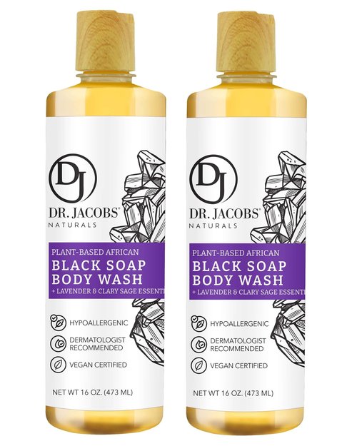 Dr Jacobs Naturals Authentic African Black Liquid Soap with Lavender & Sage Scent | All-In-One Face Wash, Sensitive Skin Body Wash, Shampoo, Shaving Soap | Moisturizing and Nourishing Formula 16oz 2pk