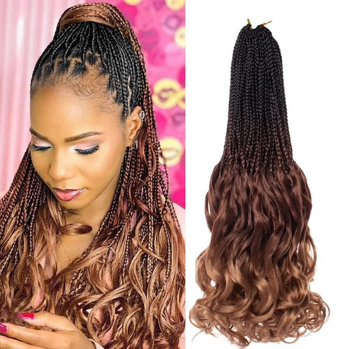 RuiYok 18 Inch French Curl Crochet Braids 9 Packs Ombre Brown Crochet Box Braids with Wavy Ends Pre Looped Synthetic French Curly Braiding Hair for Women
