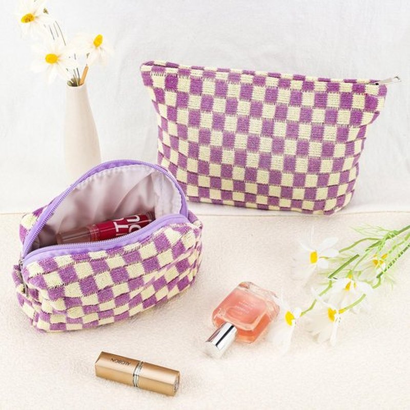 ZLFSRQ 2Pcs Checkered Makeup Bag for Women Large Cosmetic Bag Set Travel Toiletry Bag Makeup Pouch Bag for Purse Purple Zipper Storage Bag Organizer Cute Small Aesthetic Girls Car Essentials Bag