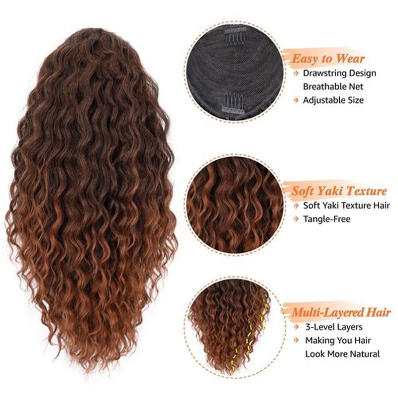 Rafabcici Ponytail Extension with Bangs,Yaki Curly Drawstring Ponytail Extension for Women 20 Inch Long Wavy Layered Pony Tails Hair Extensions Synthetic Clip in Ponytail Hairpiece for Women(T30)