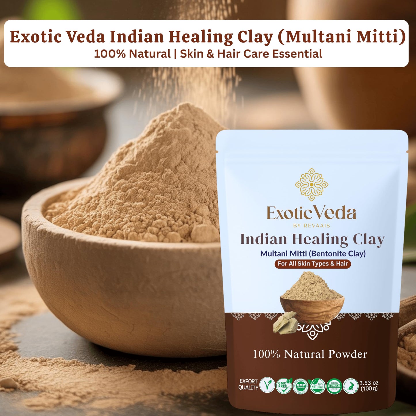 Exotic Veda Indian Healing Powder 100g | Natural Calcium Bentonite Clay & Multani Mitti | Face & Body Mask for Smooth, Radiant Skin | Pore Care, Oil Control, Hair & Scalp Care | Vegan & Cruelty-Free