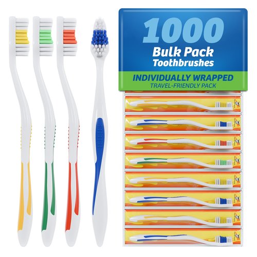 FactorDuty 1000 Pack Toothbrush Standard Classic Medium Soft Toothbrush Bulk Individually Wrapped