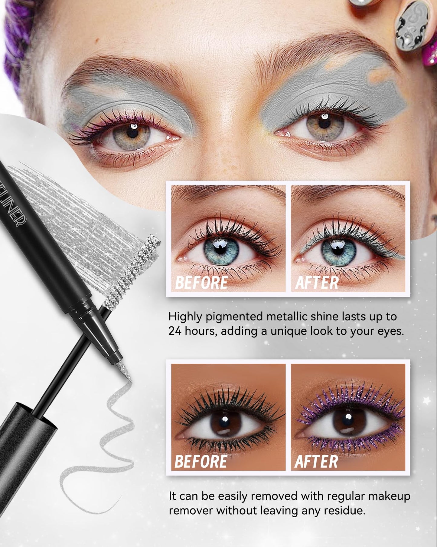 Glitter Mascara and Eyeliner Set, Diamond Sparkle Effect, Lengthening Volumizing Shimmer Colored Mascara for Eyelash, Waterproof Metallic Glitter Eyeliner Liquid, Women Party Eye Makeup-White Silver