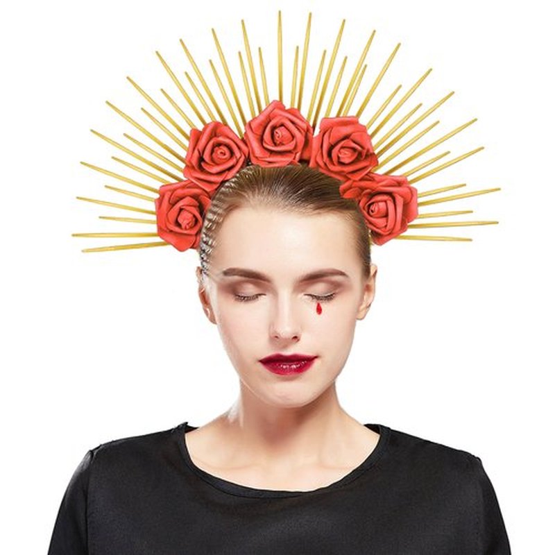 Fantherin Halo Crown with Roses Womens Mexican Flower Goddess Rose Spiked Sun Headpiece for Cosplay Halloween Costume