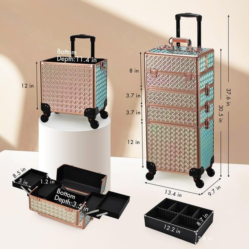 Stagiant Rolling Makeup Train Case Large Storage Cosmetic Trolley 4 in 1 Large Capacity Trolley Makeup Travel Case with Key Swivel Wheels Salon Barber Case Traveling Cart Trunk Shiny Rose Gold