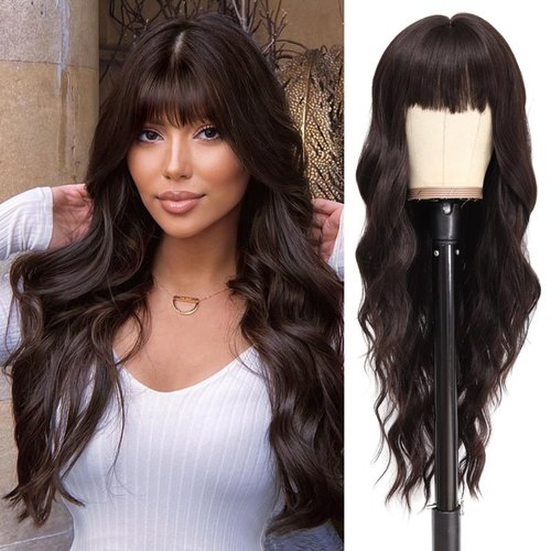 NAYOO Brown Wigs with Bangs for Women Long Curly Wavy Hair Wigs Heat Resistant Synthetic Fiber Wigs for Daily Party Use 26 Inches (Dark Brown)