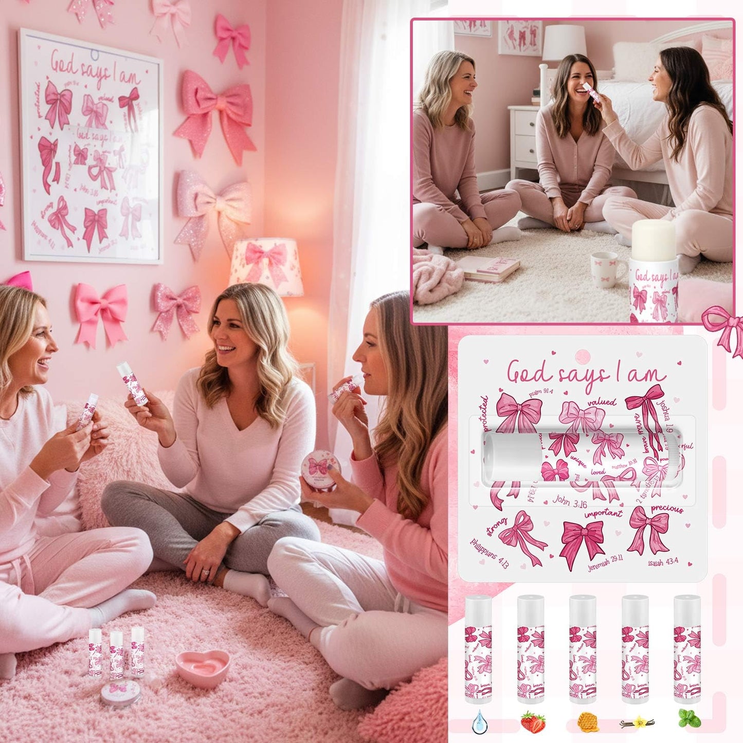 Sacubee 25 Pack Pink Bow Christian Gifts Bulk for Women Men Religious Lip Balms Bulk Church Party Favors Christmas Party Gifts Stocking Stuffers Bible Verse Study Supplies for Employee Staff Coworkers