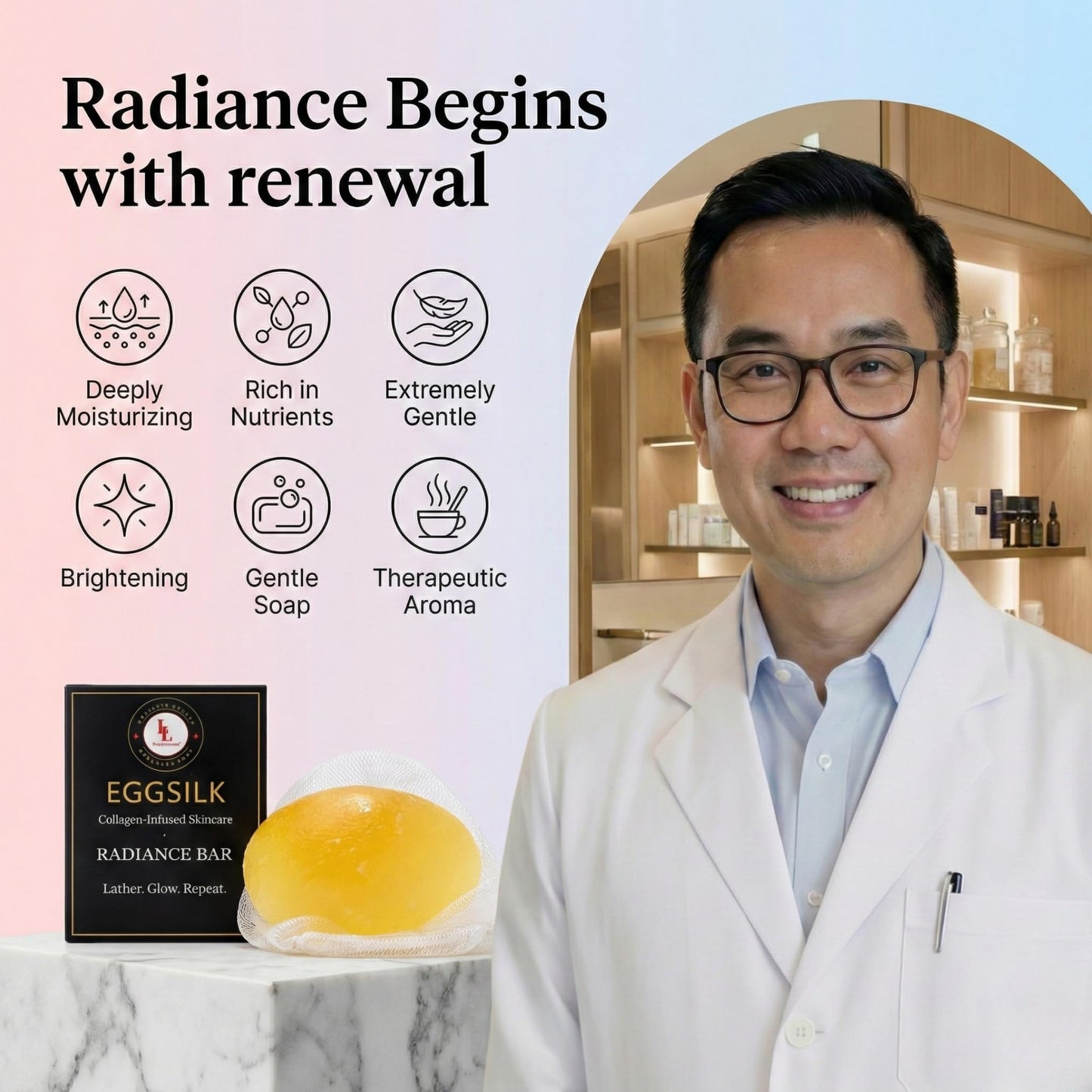 L & L Supplement EggSilk Egg Soap Radiance Bar with Yolk Extract | For Smooth, Glowing Skin | Gentle for Face & Body, All Skin Types | Sulfate-Free, Cruelty-Free, Clean Beauty | 80g