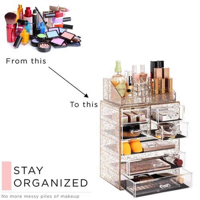 Sorbus Clear Cosmetic Makeup Organizer - Make Up & Jewelry Storage, Case & Display - Spacious Design - Great Holder for Dresser, Bathroom, Vanity & Countertop (3 Large, 4 Small Drawers) [Glitter]