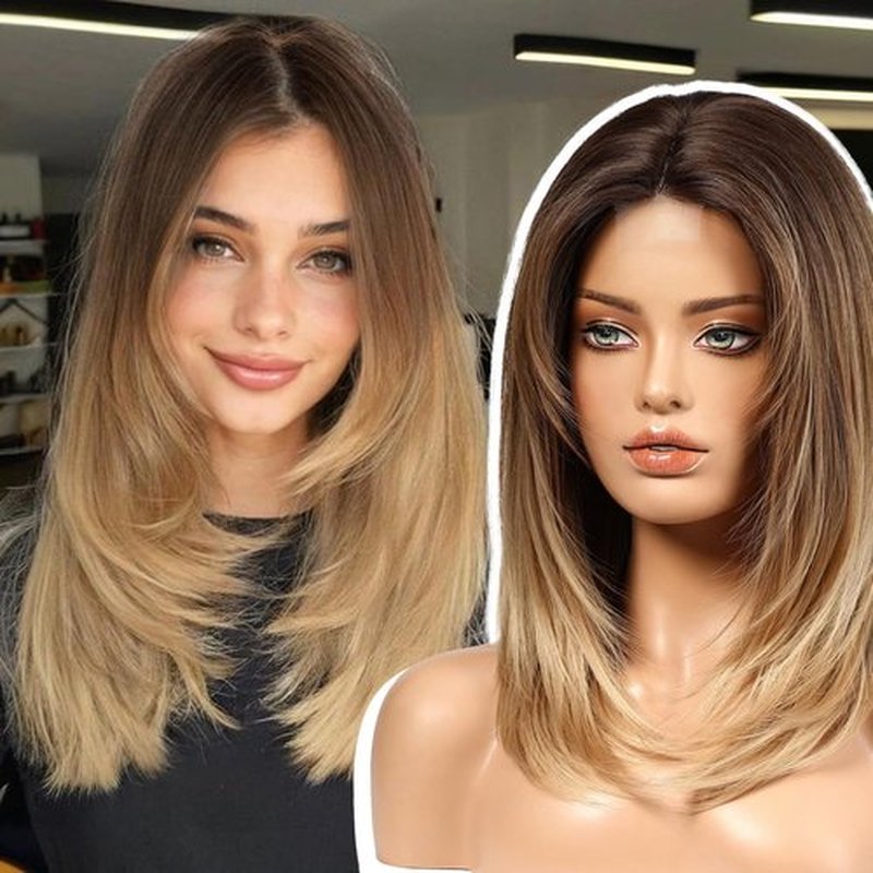 EMMOR Short Layered Wigs,Natural Medium Length Central Lace Layered Wigs, Premium Heat-Resistant Synthetic Straight Wigs for Women Daily Use(Ombre Light Brown)