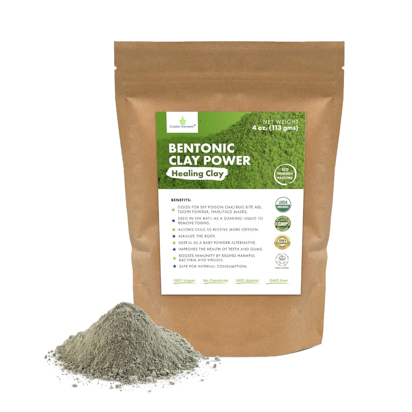 Cosmic Element 100% Pure Calcium Bentonite Clay Powder - Bentonite Clay Food Grade, Vegan, Healing Clay | Skin Care Detox - Deep Pore Cleansing Face & Body Mask for Soft, Smooth, Refreshed Skin | 4 oz