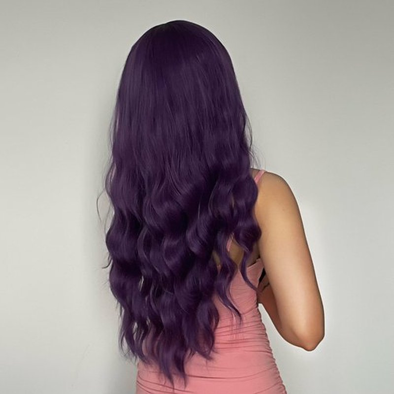 MAGQOO Dark Purple Wig Women Long Curly Wavy Purple Wig with Bangs Synthetic Heat Resistant
