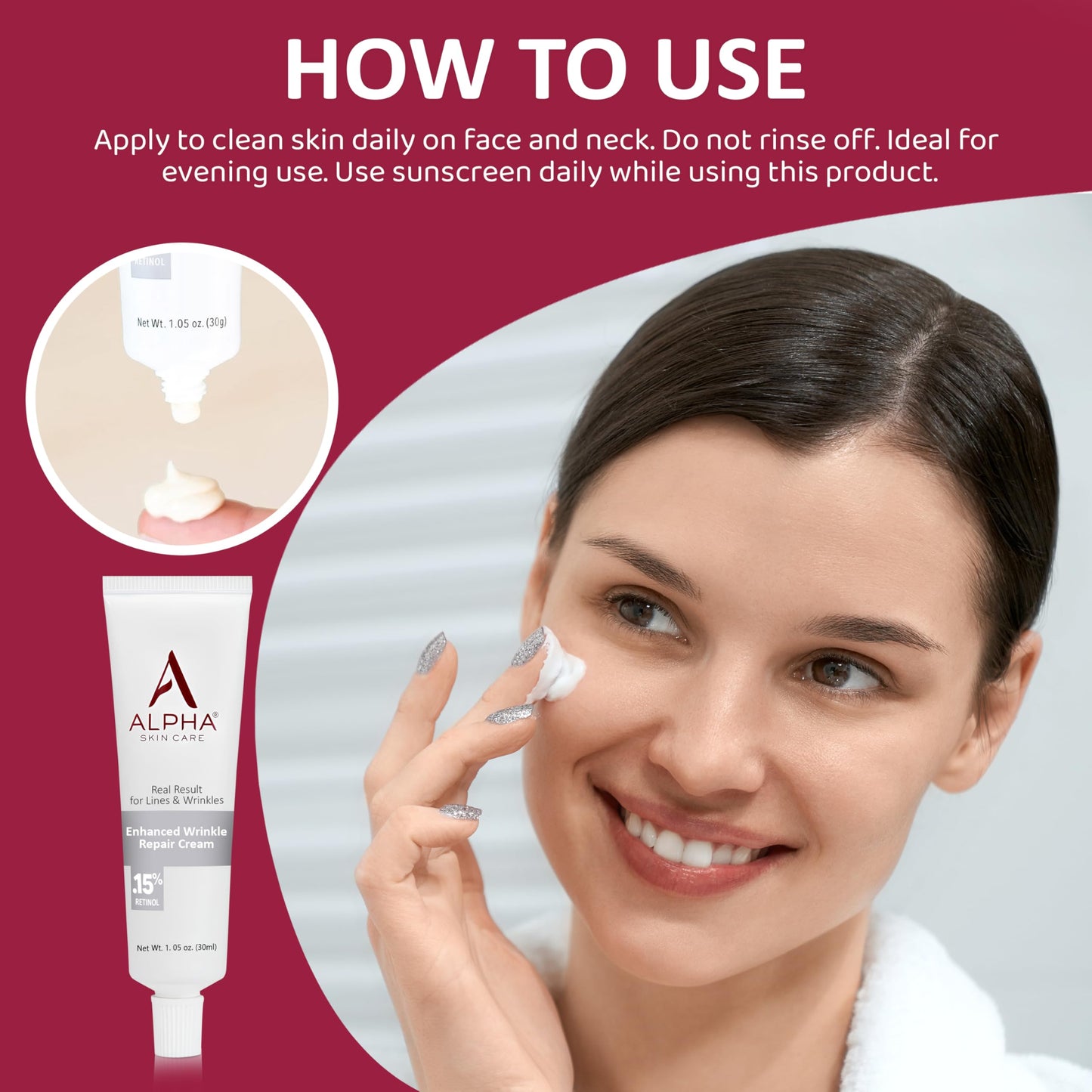 Alpha Skin Care Enhanced Wrinkle Repair Cream, Anti-Aging Formula, 0.15% Retinol, Vitamins A, C & E, Reduces Lines & Wrinkles, All Skin Types, 1.05 Oz, White