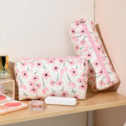 SOIDRAM Makeup Bag Corduroy Cosmetic Bag Cute Pink Floral Makeup Pouch 1Pcs Large Capacity Makeup Bags and 1Pcs Makeup Brushes Storage Bag Travel Toiletry Bag Organizer