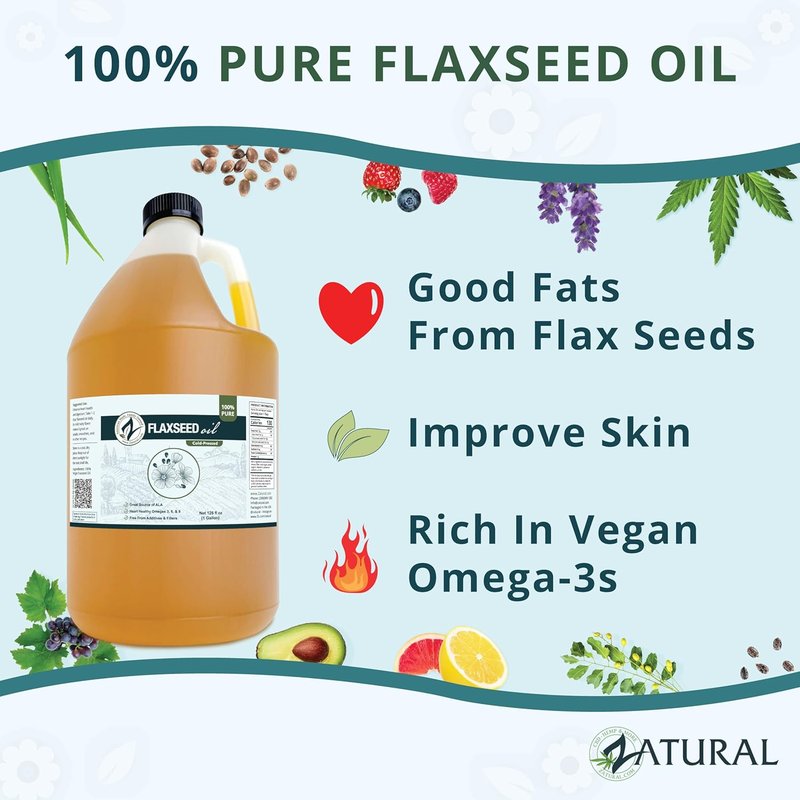 Zatural Cold Pressed Flaxseed Oil - 100% Pure Vegan Omega-3 ALA | Ideal for Salads, Smoothies & Skincare (1 Gallon)