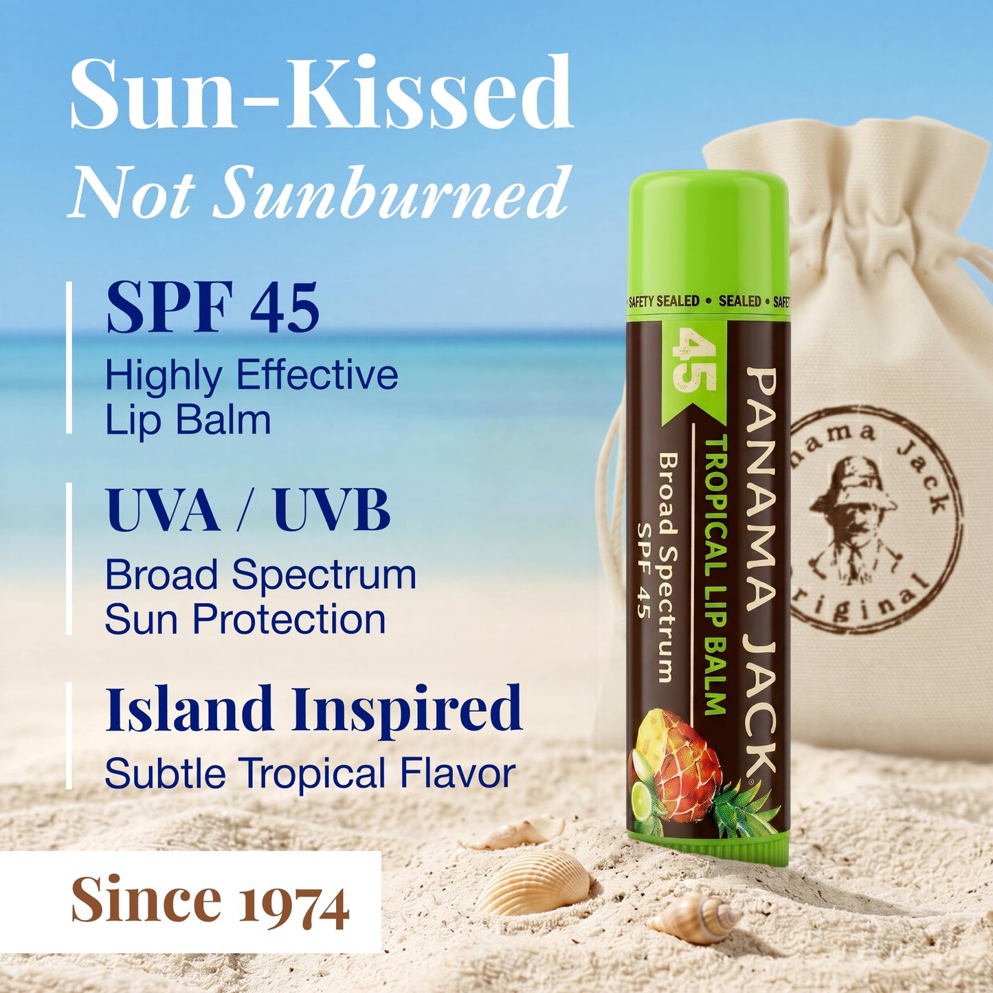 Panama Jack Sunscreen Lip Balm - SPF 45, Broad Spectrum UVA-UVB Sunscreen Protection, Prevents & Soothes Dry, Chapped Lips, Tropical, 2-pack