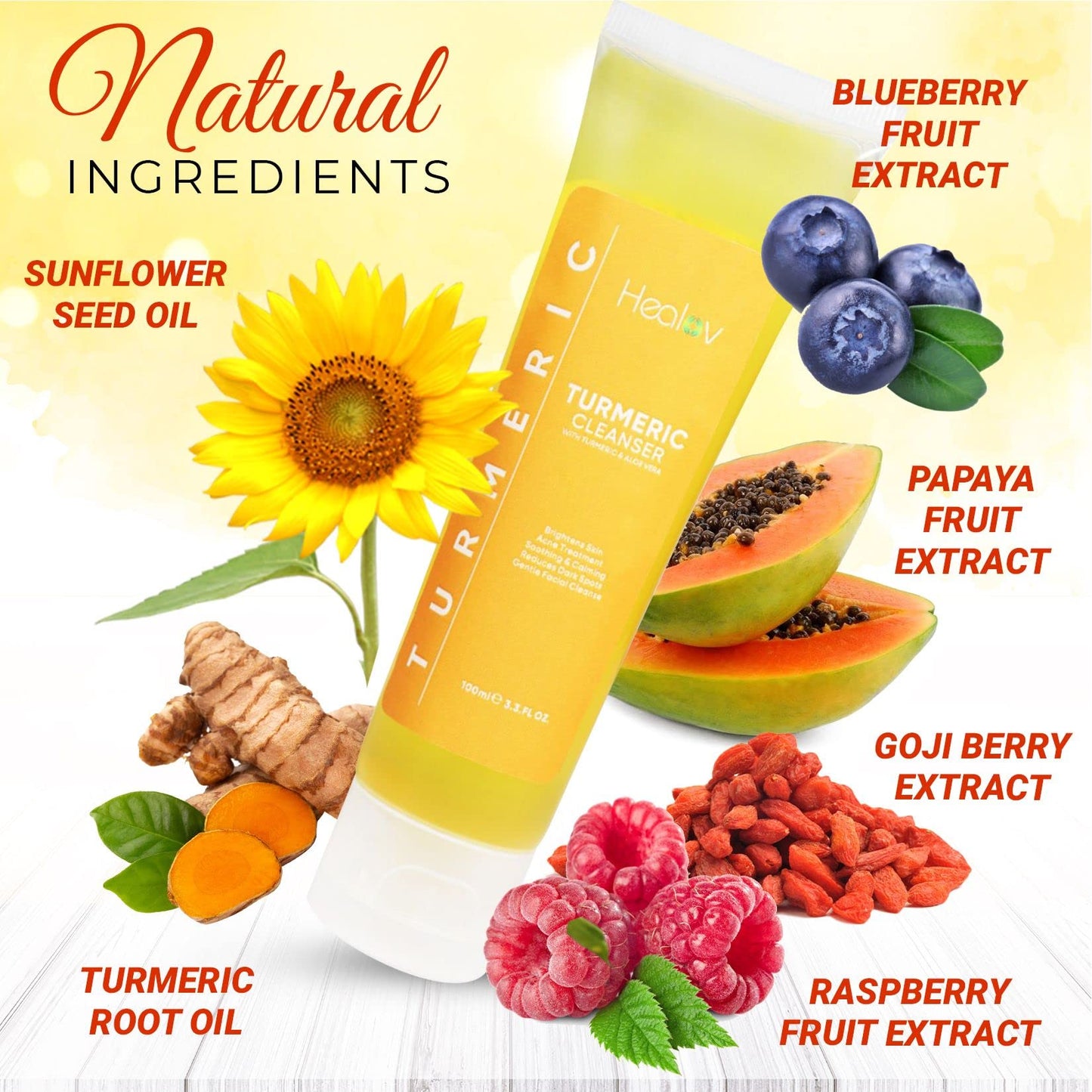 Healov Turmeric Face Wash, Turmeric Clear Skin Liquid Soap – 100% Natural Anti Aging Exfoliating Facial Cleanser for Spots, Clearing Acne Scars, Age Spots, Sun Damage, Discoloration – Bath Soap
