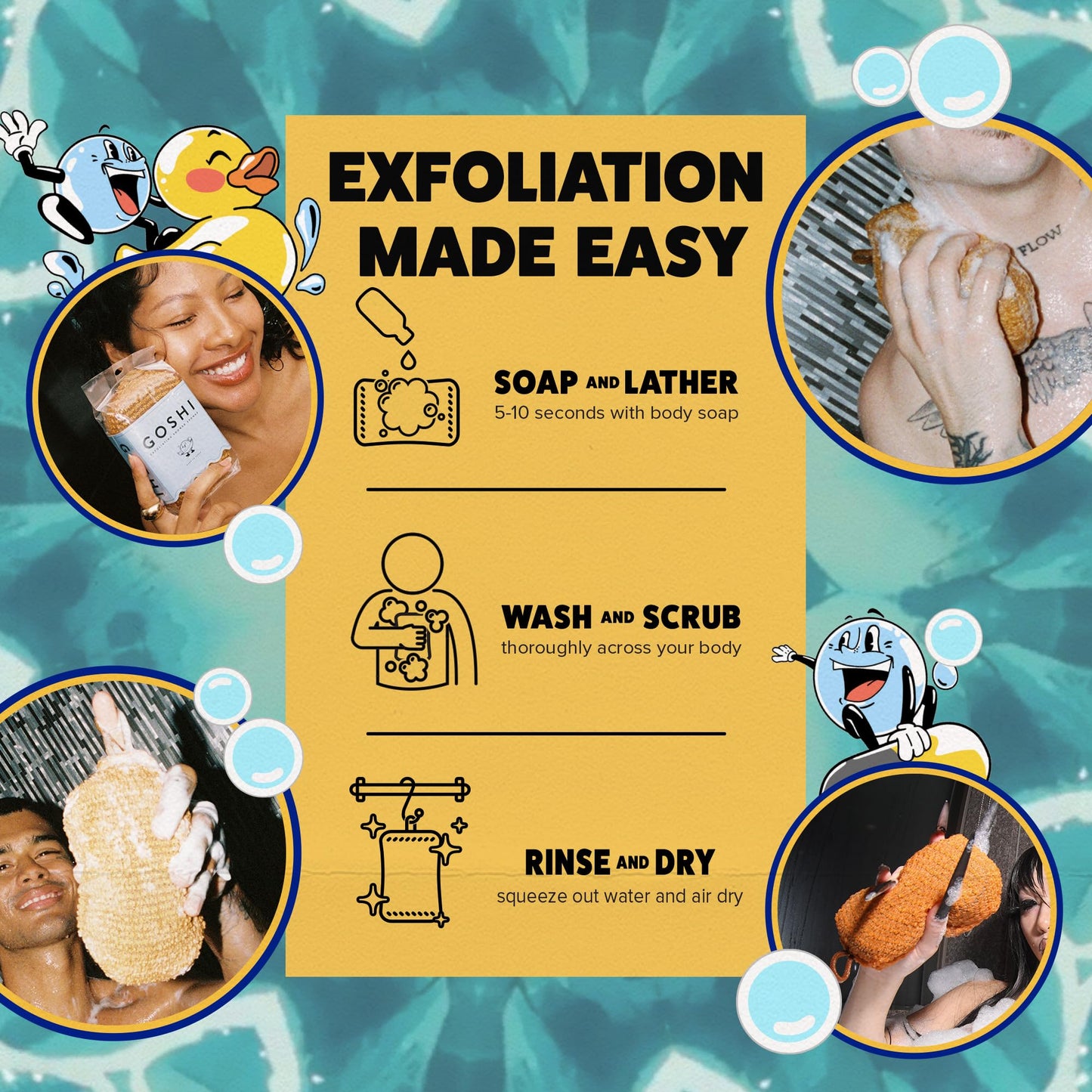 GOSHI Exfoliating Shower Sponge - Rip-Resistant, Rapid-Drying Exfoliating Bath Sponge for All Skin Types - Marigold Yellow - Made in Japan