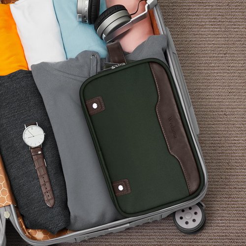 Wedama Toiletry Bag for Men, Medium Hanging Travel Toiletry Bag, Extra Electronic Organizer Bag Waterproof Travel Bag for Toiletries with PU Handle for Travel Trips Swim Camping, Green+ Brown