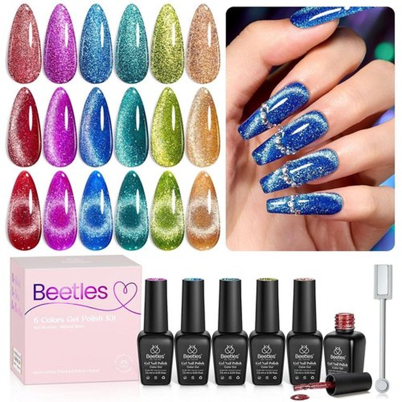 Beetles Cat Eye Gel Nail Polish, 6 Colors Glitter Red Green Blue Purple Gold Cat Eye Shimmer Gel Polish, Soak Off Sparkle Stunning Velvet Nail with Magnet Nail Art Salon Home Gift for Women Girls
