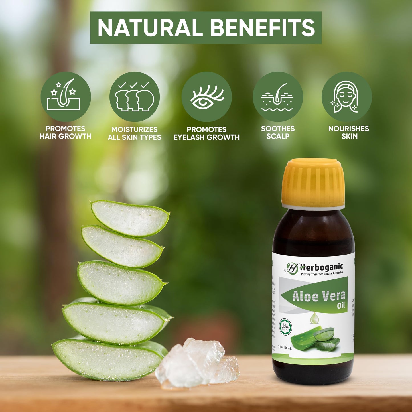 HERBOGANIC Natural Aloe Vera Oil - 100% Cold Pressed, Nourishing for Skin, Hair, and Eyelash Growth,Aloe Vera Massage Oil,