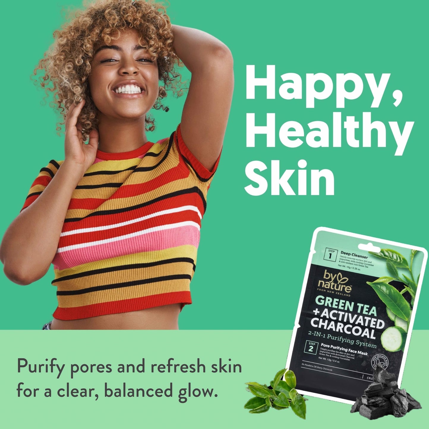 By Nature Green Tea + Activated Charcoal Face Mask – Deep Cleanse & Purify Pores, 2-Step Mask Kit for All Skin Types (Pack of 12)