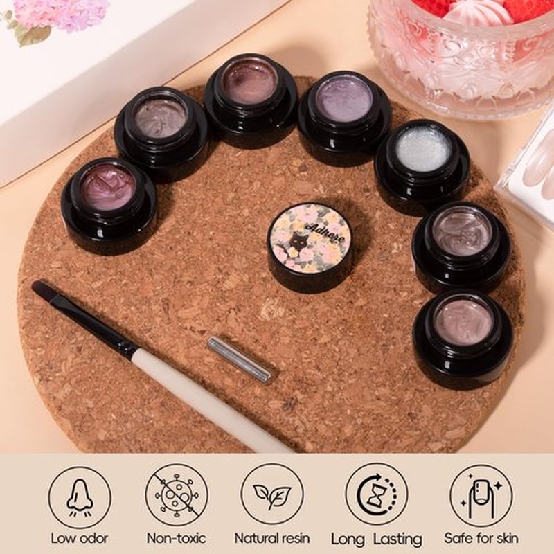 Adhere 7Pcs 5G Ultrafine Magnetic Water Light Sensation Colorful Light Cat Eye Gel Nail Polish, Transparent Light Pink Colored Glass Bead Cat Eye with Magnet Brush
