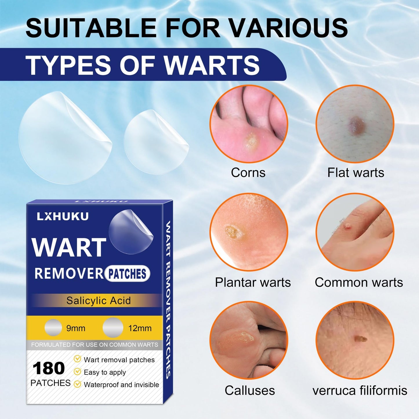 LXHUKU Maximum Strength Salicylic Acid Wart Remover Patches, Fast Gentle Removal, Discreet Long - Lasting, Ideal for Various Skin Blemishes Like Plantar, Common, Flat Warts, Corns and Calluses