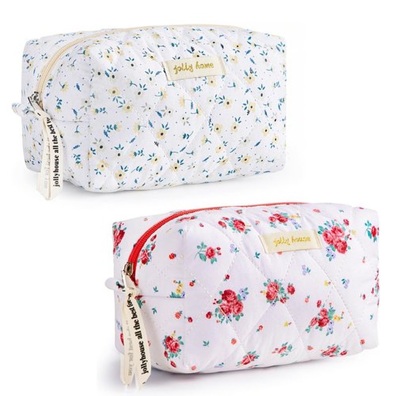 HBselect 2Pcs Quilted Makeup Bag Cute Makeup Bag Organizer Travel Cosmetic Bag Aesthetic Coquette Cotton Floral Make up Bag Toiletry Bags for Women Girls
